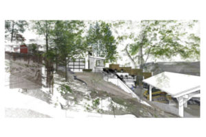 Point cloud scanning carriage house addition looking through existing trees