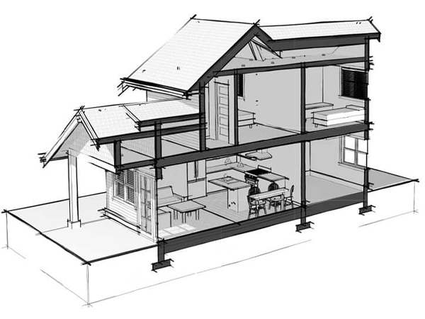 3D section of craftsman styled one-storey carriage house plan